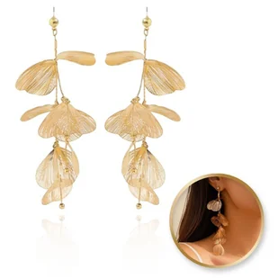 Kolczyki wiszące tiulowe złote efektowne kwiaty 5x12cm K1678 - Kolczyki - miniaturka - grafika 1