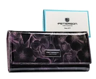 Portfele - Portfel damski ze skóry naturalnej i ekologicznej klasyczny duży na zatrzask PETERSON fioletowy lakierowany w kwiaty elegancki na prezent ochrona RF.. - miniaturka - grafika 1