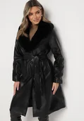 Płaszcze damskie - Czarny Płaszcz Zdobiony Futerkiem z Paskiem w Talii Sabaniss - miniaturka - grafika 1