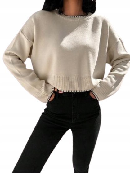 SHEIN SWETER BEŻOWY Z DŁUGIM RĘKAWEM GŁADKI L ŁUF
