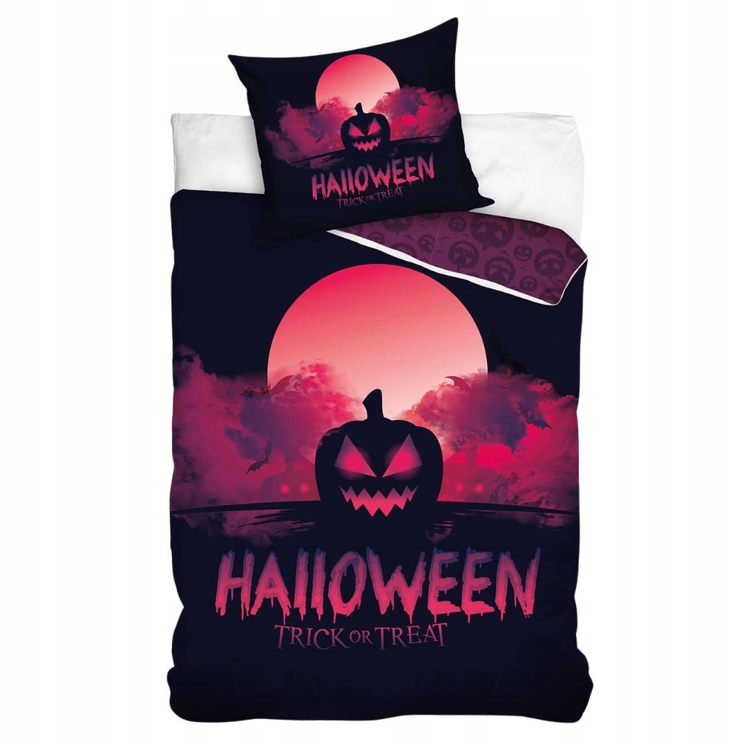 Pościel Bawełniana 160x200 Halloween Dynia Czarno Różowa 70x80