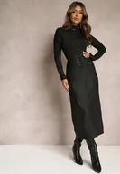 Spódnice - Czarna Ołówkowa Spódnica Midi High Waist z Ekoskóry Adaulfo - miniaturka - grafika 1