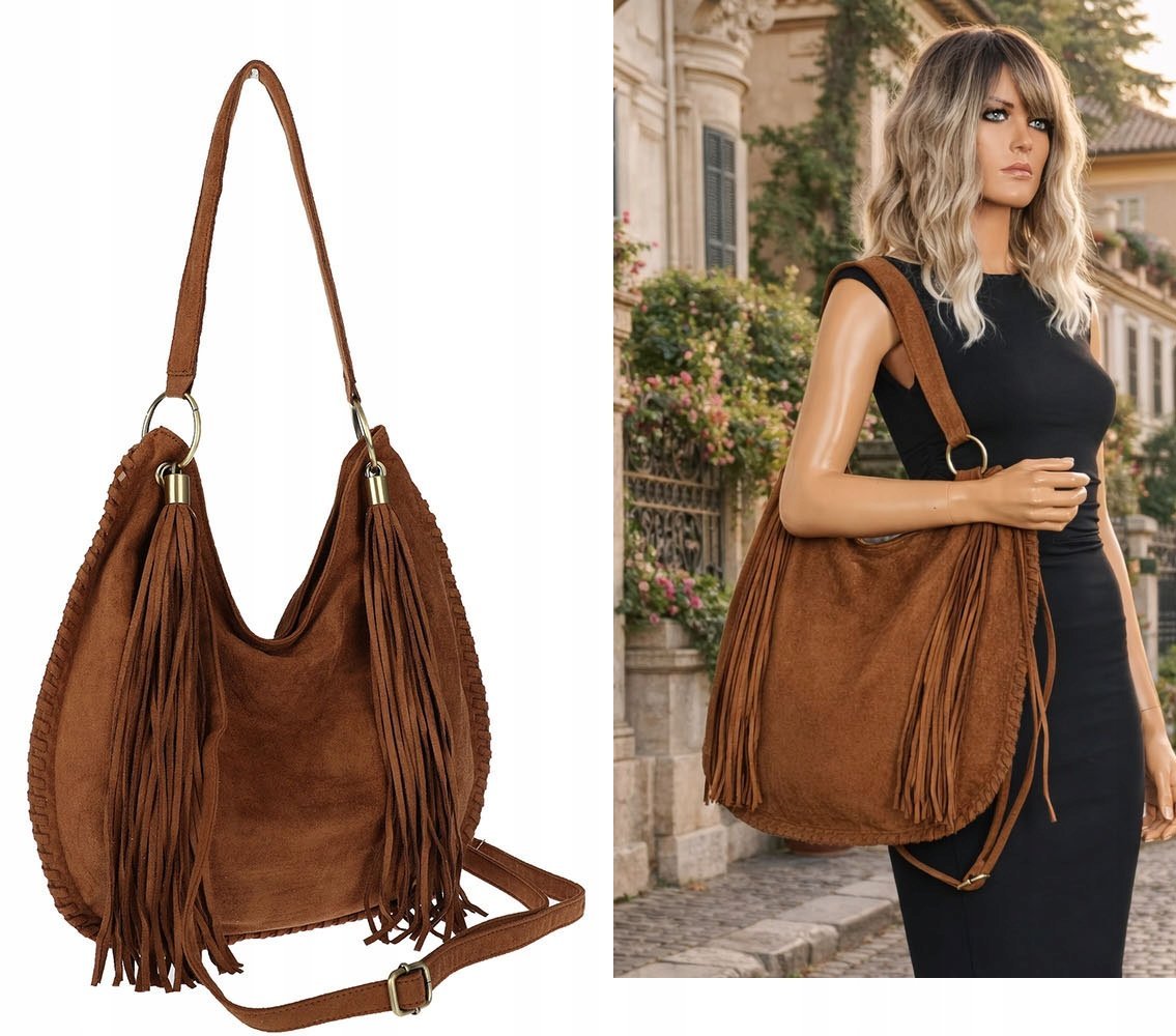 Torebka damska shopper worek zamsz elegancka lekka torba 90517 Brązowa