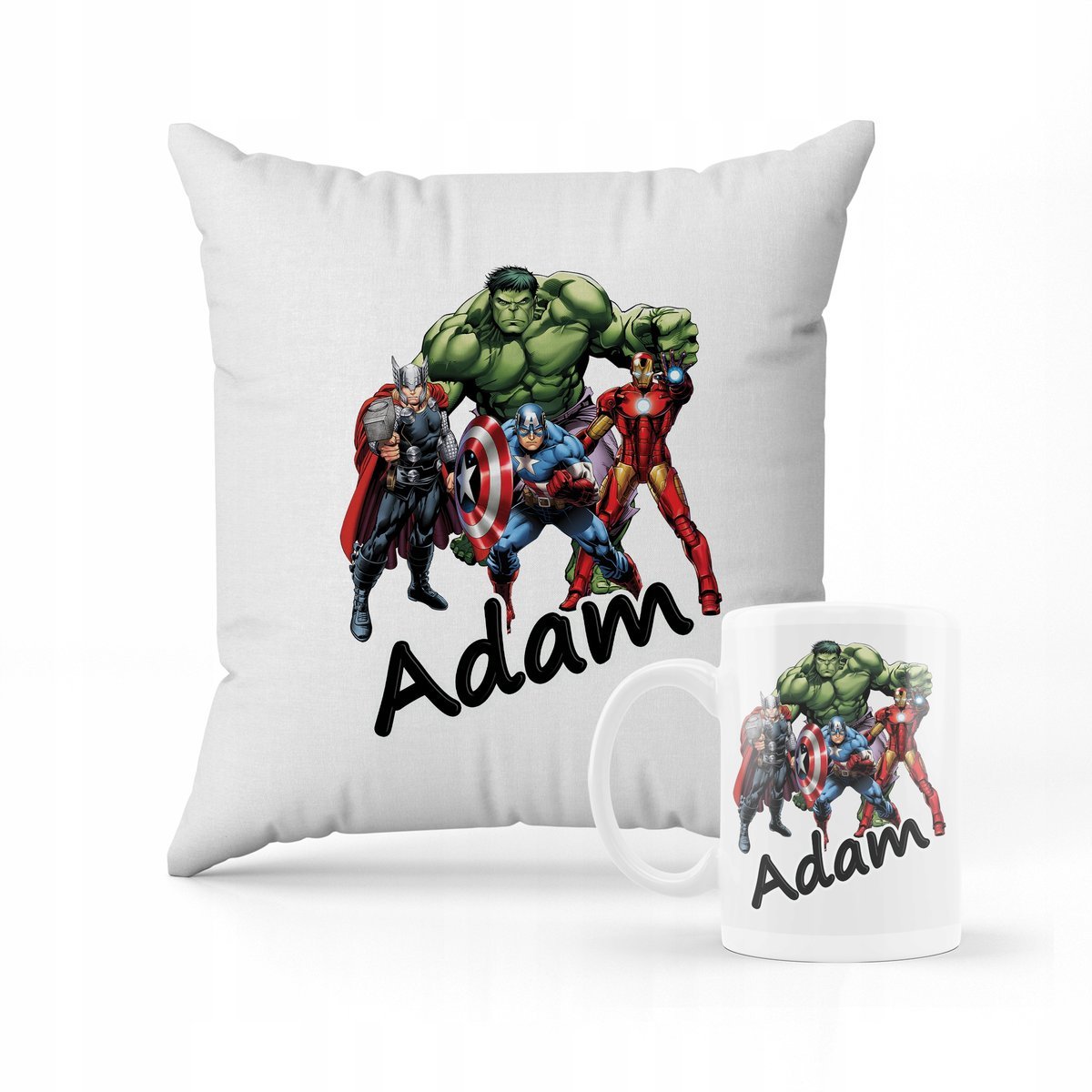 ZESTAW PODUSZKA + KUBEK PREZENT DLA DZIECKA AVENGERS HULK + IMIĘ