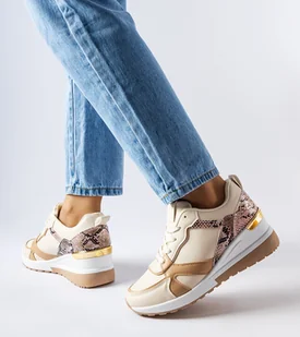 Beżowe sneakersy na koturnie Leopoldo-38 - Sneakersy damskie - miniaturka - grafika 1