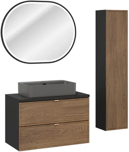 Zestaw meblowy 80cm z blatem, umywalką nablatową Trust, szafką wysoką i lustrem LED - Meble łazienkowe - miniaturka - grafika 1