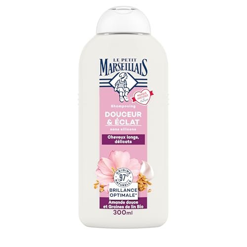Le Petit Marseillais | Szampon do miękkości i połysku ze słodkich migdałów i organicznych nasion lnu (butelka 300 ml) - Szampon do długich i delikatnych włosów - Optymalny połysk pielęgnacja włosów