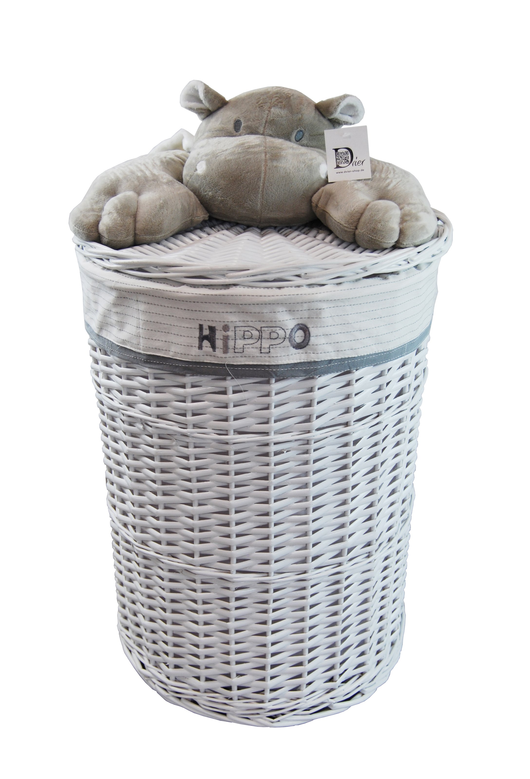 Kosz na pranie Kosz na pranie Skrzynia na pranie Wiklinowy okrągły biały Pokrywa z pluszową zabawką Hippo Pokrywa 60L D.39cm H.55cm