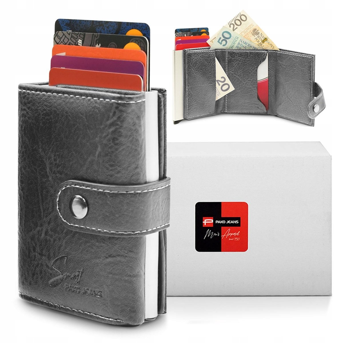 Automatyczny PORTFEL na Karty z Ochroną RFID Wysuwany Pako Jeans GRAFITOWY