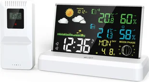 Stacja pogodowa Wewnętrzny/zewnętrzny monitor temperatury/wilgotności z czujnikiem Domowy termometr pogodowy Kolorowy wyświetlacz VA Budzik Prognoza pogody, biały - Stacje pogodowe - miniaturka - grafika 1