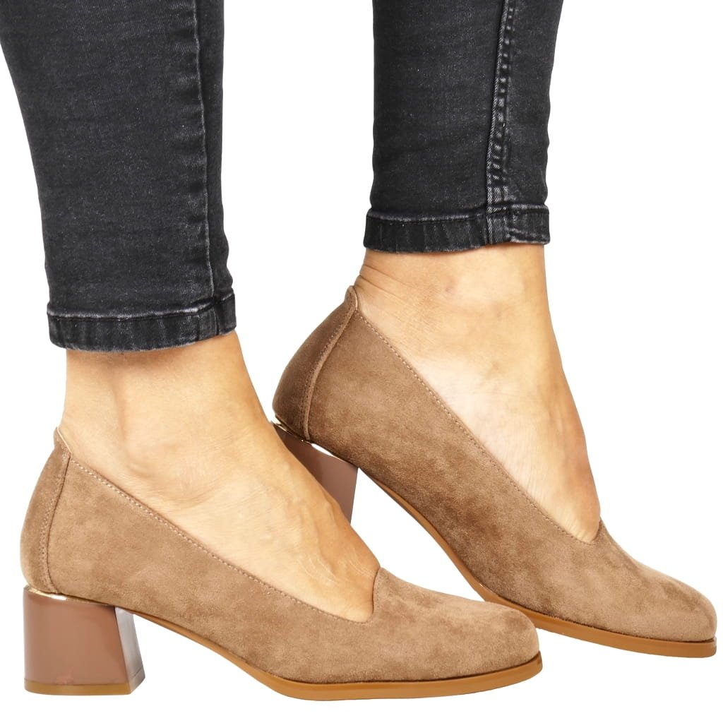 Damskie Półbuty Czółenka Na Klocku Obcasie Potocki 12545 Khaki Brązowe Zamszowe