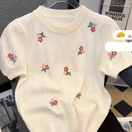 Swetry damskie - TEMU Bluzka z Krótkim Rękawem dla Kobiet z Haftowanym Kwiatowym Wzorem - Okrągły Dekolt, Elegancka Koszula na i Wiosnę z Żywymi Motywami Kwiatowymi, - miniaturka - grafika 1