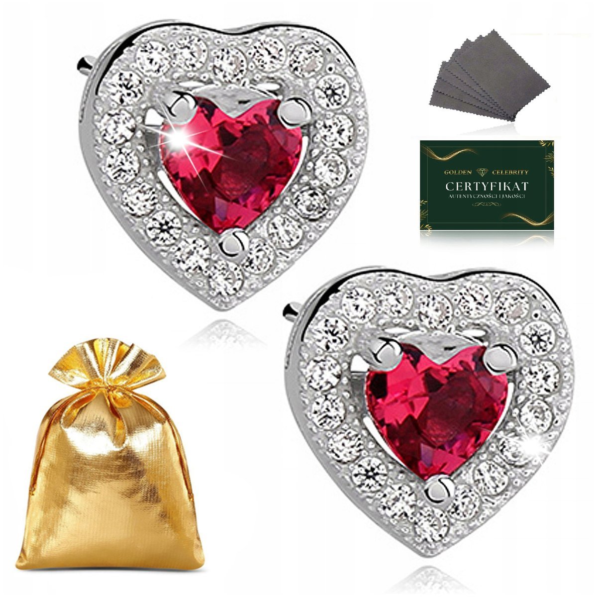 Eleganckie Srebrne Kolczyki Damskie Czerwone Serca Z Cyrkoniami Na Prezent