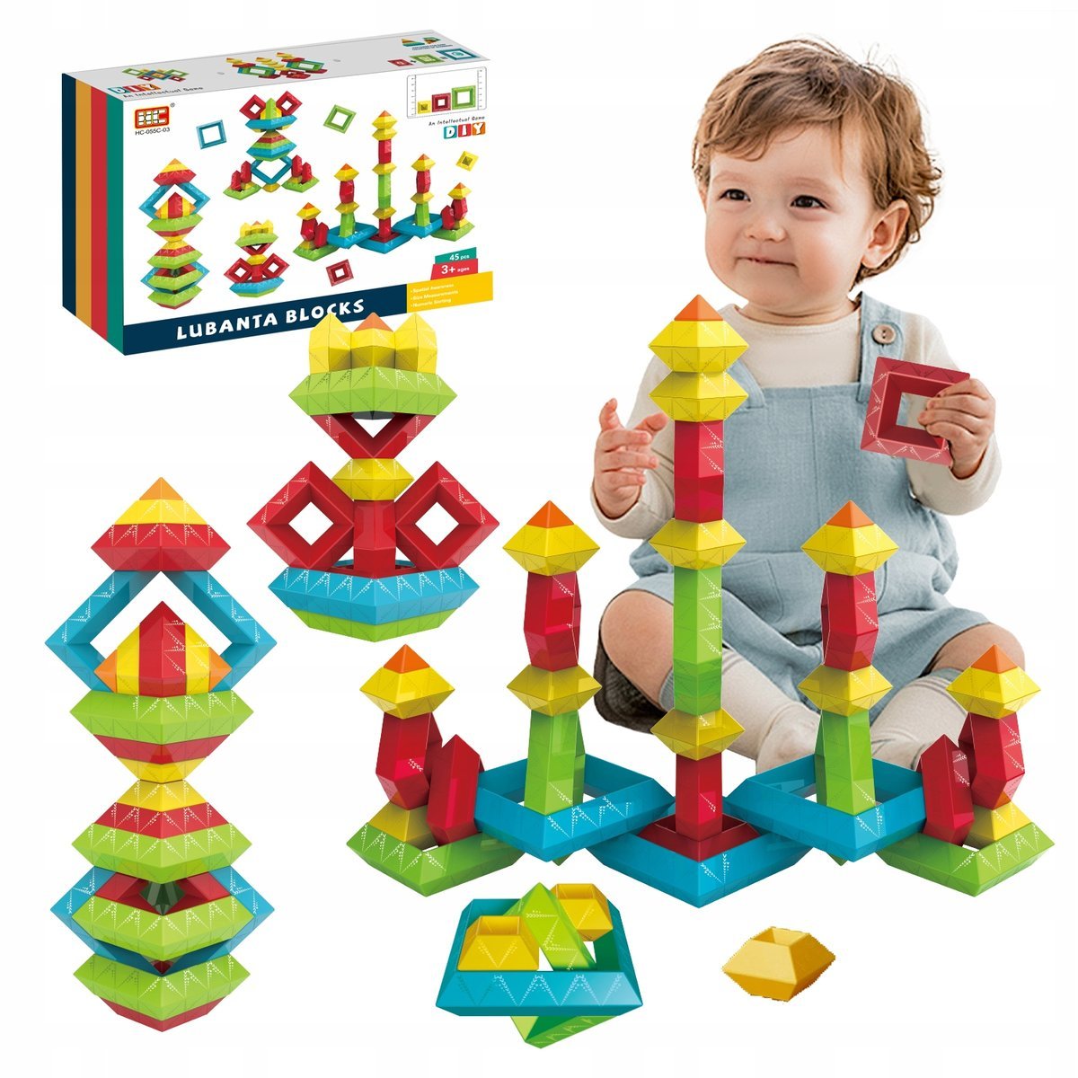 KLOCKI KONSTRUKCYJNE GEOMETRYCZNE MONTESSORI FIGURY PIRAMIDA PREZENT 45 el.