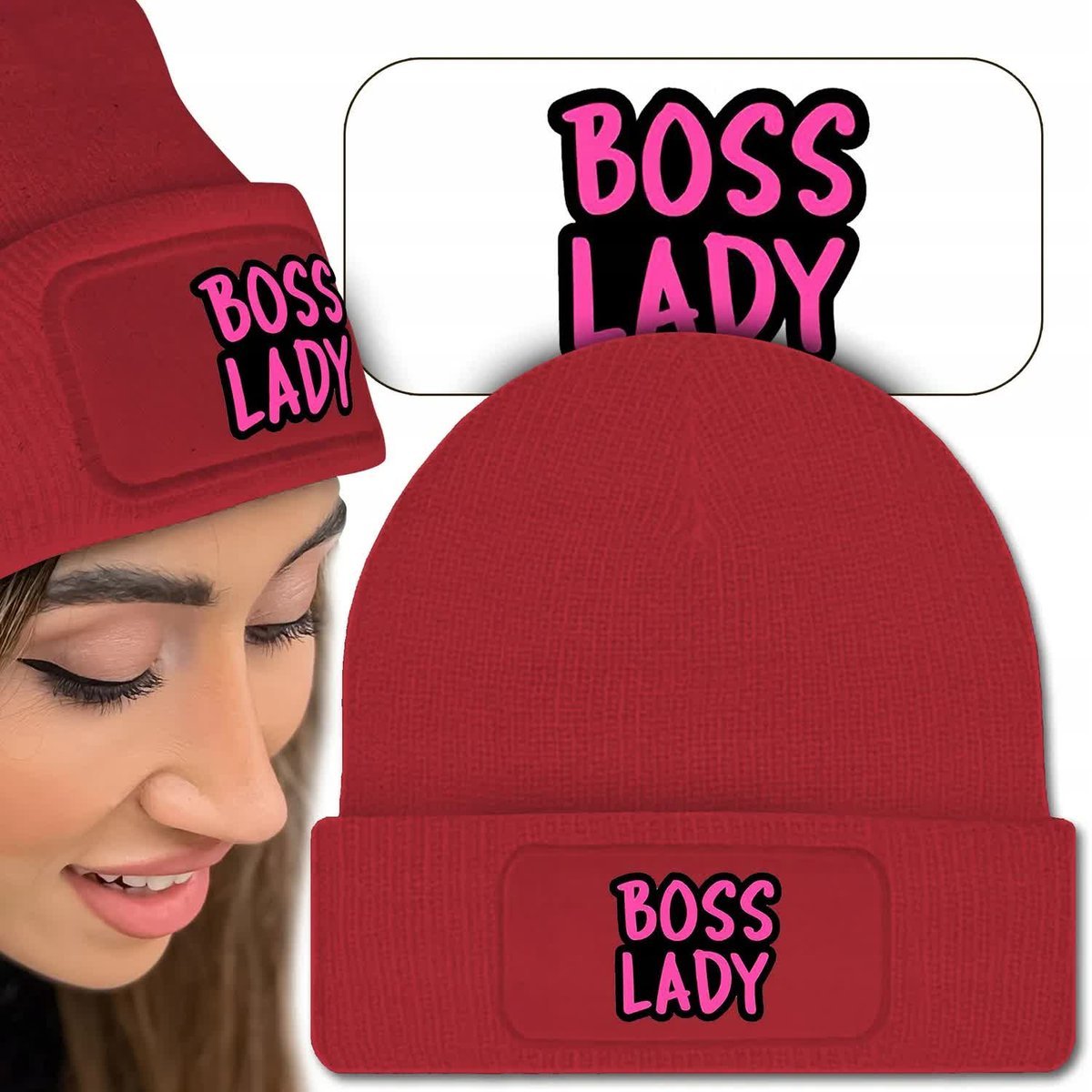 Ciepła Zimowa Czapka Czerwona BOSS LADY Modne Wz