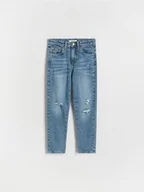 Spodnie i spodenki dla dziewczynek - Reserved - Jeansy mom fit z przetarciami - niebieski - miniaturka - grafika 1