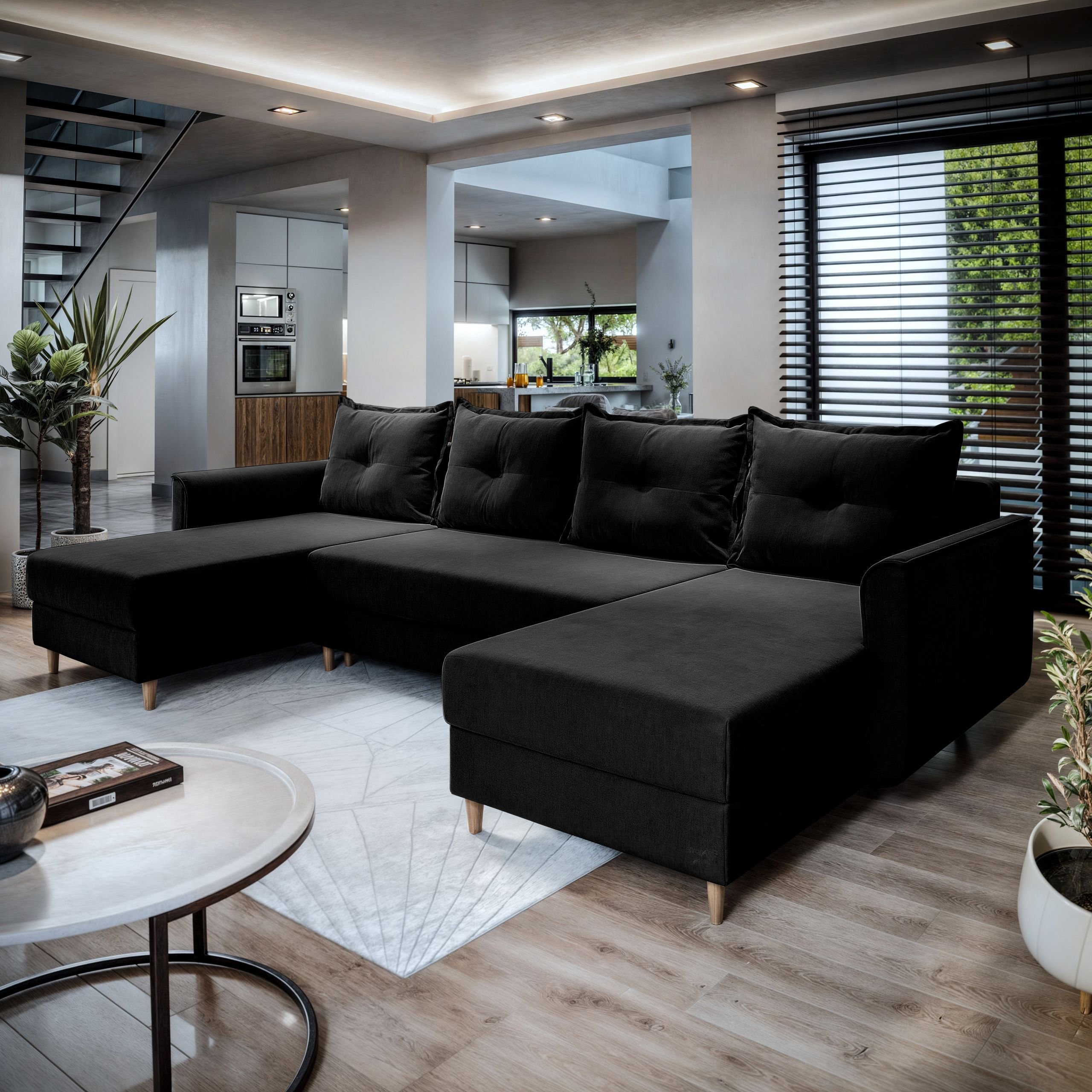 Masseno Narożnik VERNI z funkcją spania i pojemnikiem na pościel Kształt U, Rozkładana sofa, Rogówka - Czarny, KRONOS 07