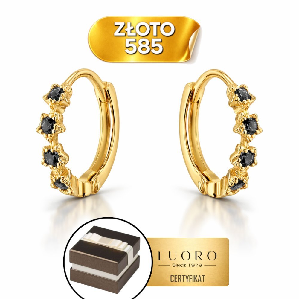 KOLCZYKI ZŁOTE 585 14K KWIATKI CZARNE CYRKONIE NA KREOLU 10 MM ELEGANCKIE