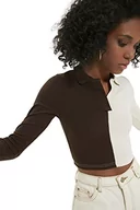 Body - Trendyol Damska dopasowana bodycon koszula kołnierz tkana bluzka, Brązowy, S - miniaturka - grafika 1