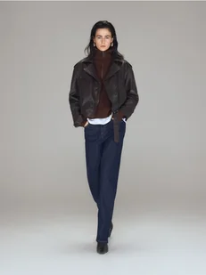 Reserved - Skórzana kurtka typu biker - ciemnobrązowy - Moda i Uroda OUTLET - miniaturka - grafika 1