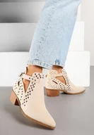 Botki damskie - Beżowe Botki Kowbojki na Słupku Ozdobione Nitami i Wycięciem Eleawena - miniaturka - grafika 1