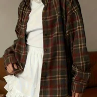 Koszule damskie - TEMU Damska luźna koszula-kurtka w kratę, codzienna bluzka zapinana na guziki z klapami, regularna długość, długi rękaw, wygodna i oddychająca, - miniaturka - grafika 1