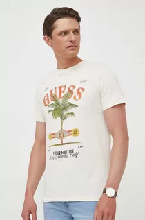 Koszulki męskie - Guess t-shirt bawełniany kolor beżowy wzorzysty - grafika 1