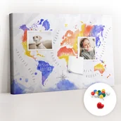 Tablice i flipcharty - Szkolna Tablica korkowa 60x40 cm, Kolorowe Pinezki, wzór Akwarela mapa świata - miniaturka - grafika 1