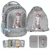 Zestawy szkolne - Zestaw szkolny 3-elementowy Kotek Paso szary plecak worek piórnik dla dziewczynki - miniaturka - grafika 1