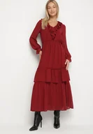 Sukienki - Bordowa Siateczkowa Sukienka VICES o Rozkloszowanym Kroju z Falbanami Arevite - miniaturka - grafika 1