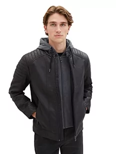 TOM TAILOR Męska kurtka skórzana w stylu motocyklowym z odpinanym kapturem i kurtką wewnętrzną z dżerseju, 29999-czarny, XL - Kurtki męskie - miniaturka - grafika 1