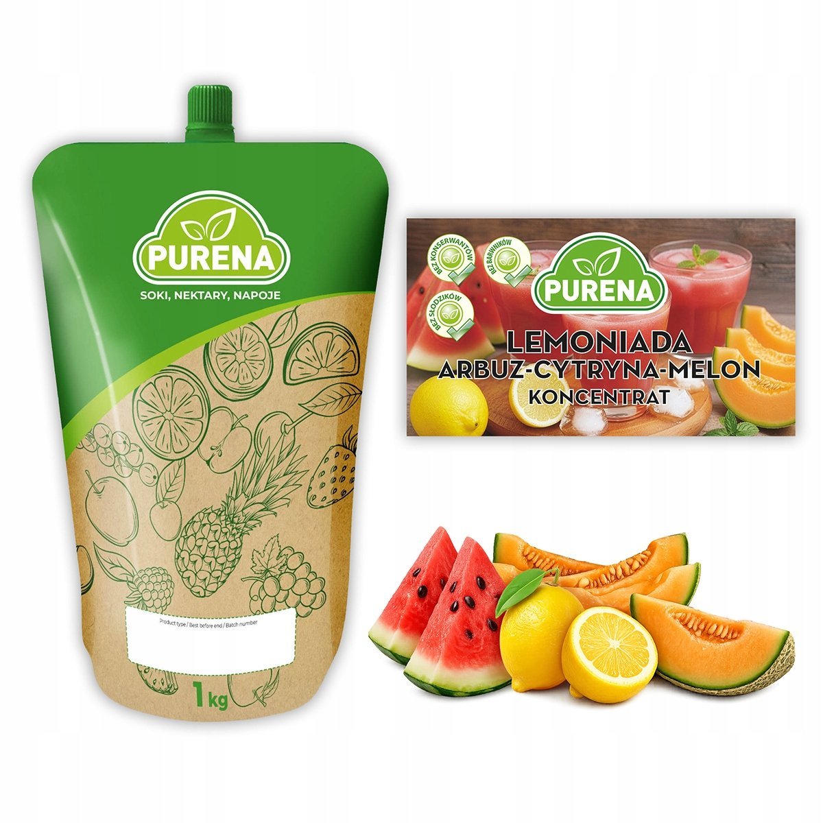 Lemoniada arbuz-cytryna-melon koncentrat syrop baza PURENA 1 kg na 6 L