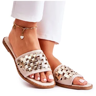 S.Barski Damskie Skórzane Klapki Na Płaskim Obcasie Beżowe Hollis beżowy - Klapki i japonki damskie - miniaturka - grafika 1