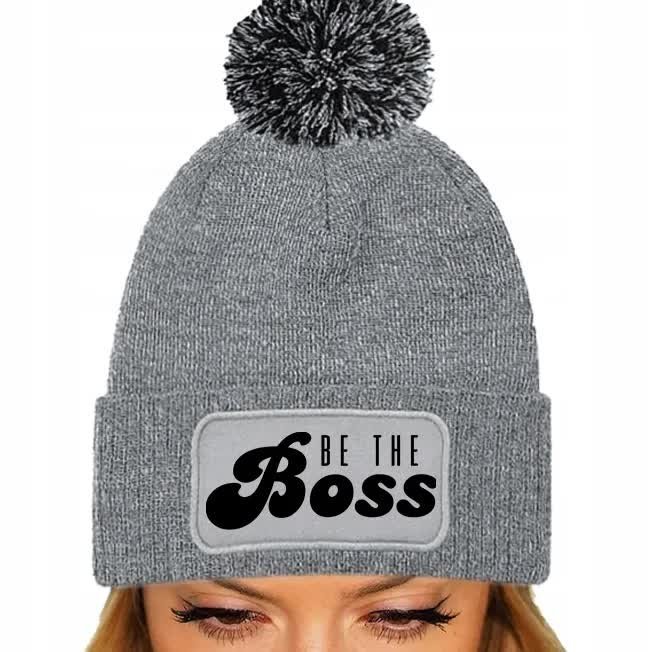 CZAPKA POMPON Bawełna ZIMOWA Szara Zabawne Motywacyjne BE THE BOSS Wzory