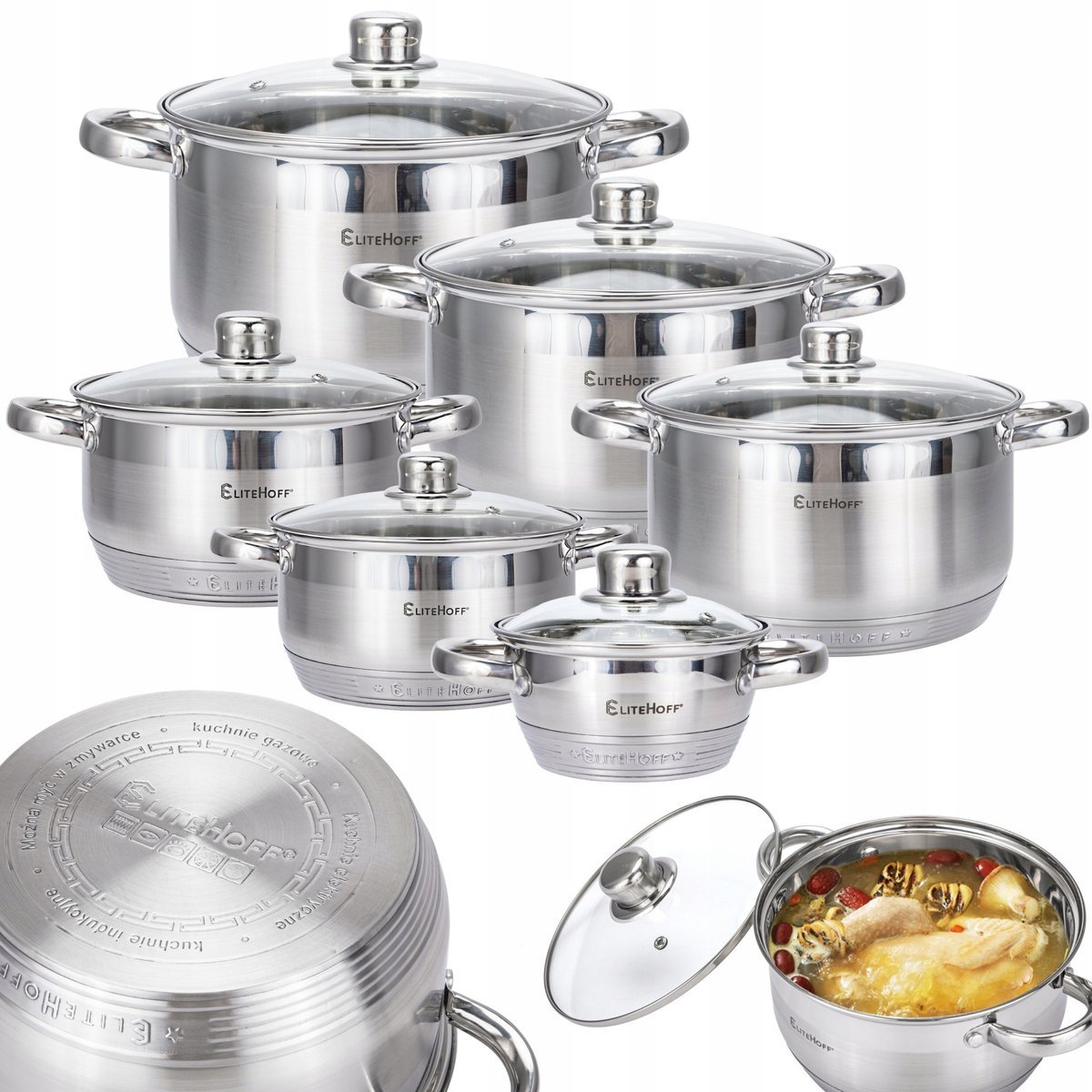 2 x ZESTAW GARNKÓW ZE STALI NIERDZEWNEJ 12 ELE INDUKCJA GAZ WARSTWOWE DNO