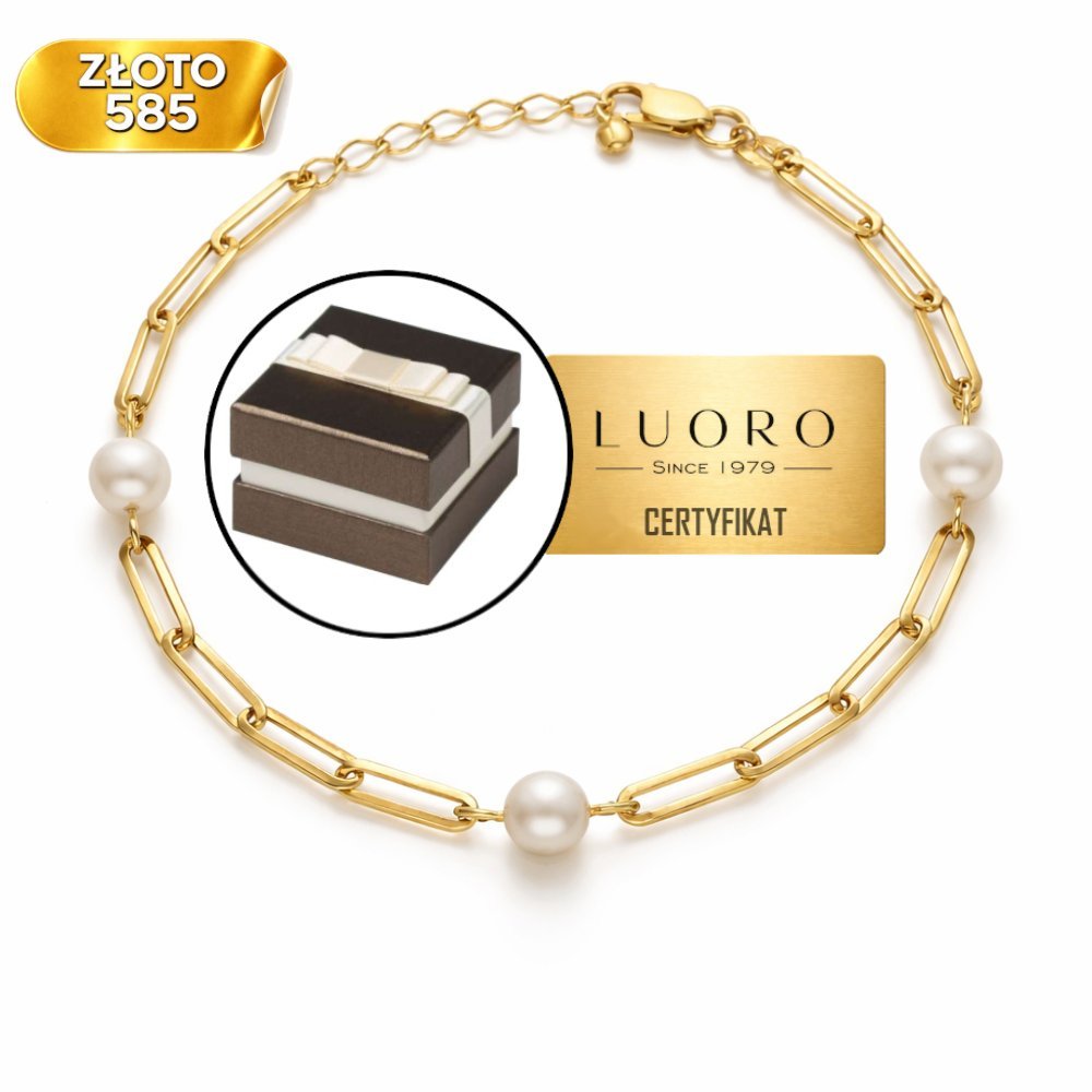 BRANSOLETKA ZŁOTA 585 14K DŁUGIE OGNIWA PERŁY NATURALNE 17 CM REGULOWANA