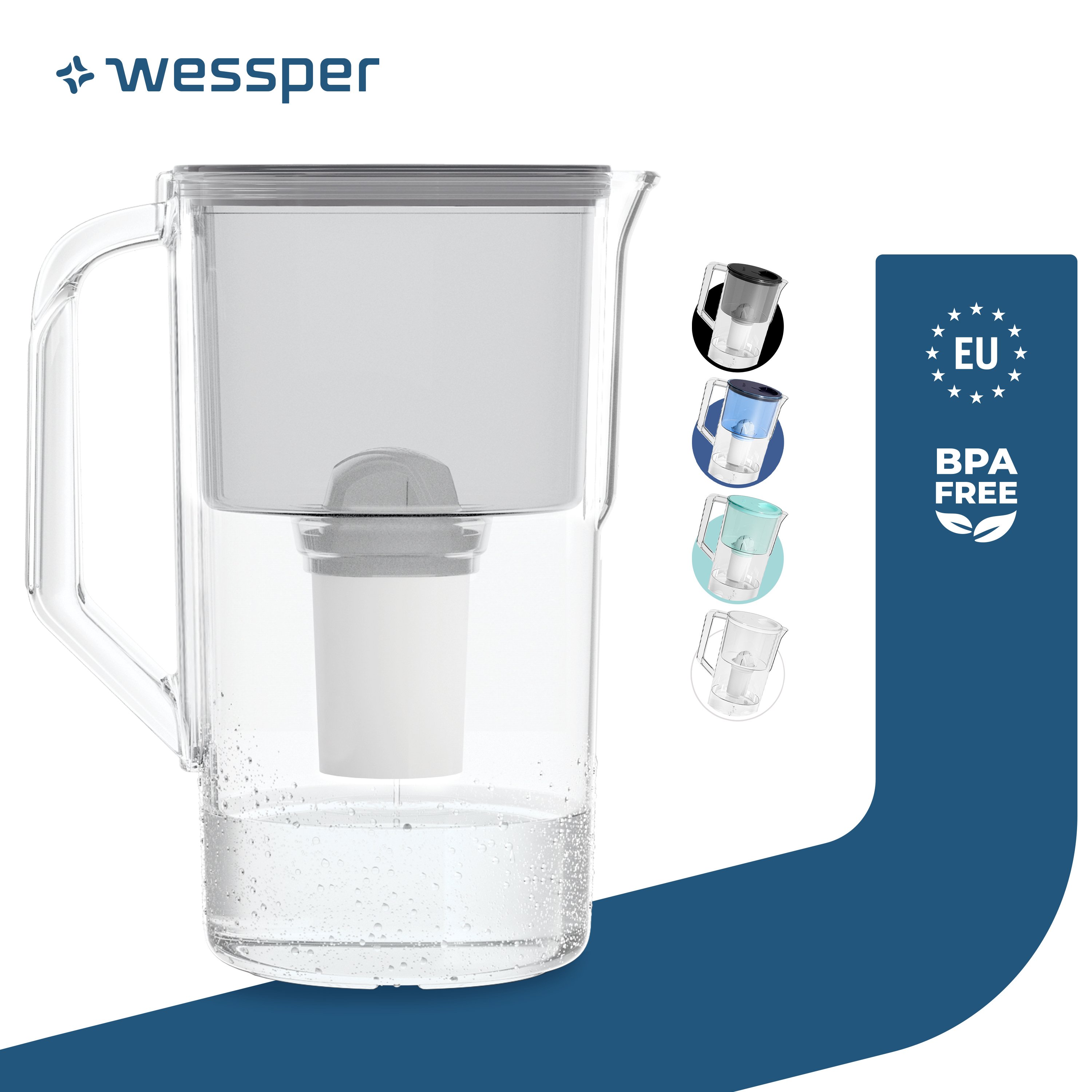 Dzbanek filtrujący wodę Wessper 2,5 l Kompatybilny z filtrem Brita Classic, system filtracji wody redukujący kamień, chlor i filtr wody szary
