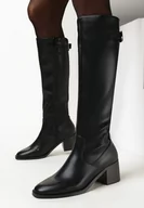 Kozaki damskie - Czarne Kozaki na Słupku z Przeszyciami i Paskiem ze Sprzączką Kirina - miniaturka - grafika 1