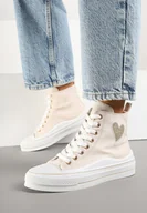 Trampki damskie - Beżowe Trampki na Platformie z Serduszkiem za Kostkę Ellista - miniaturka - grafika 1