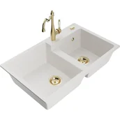 Zlewozmywaki z baterią - Mexen Tomas zlewozmywak granitowy 2-komorowy z baterią kuchenną Carla, biały - miniaturka - grafika 1