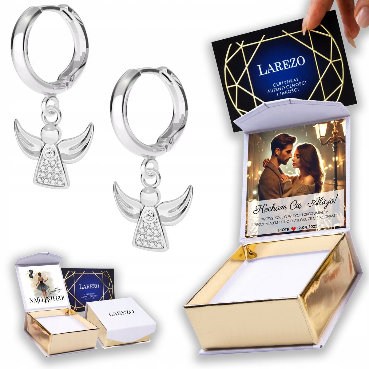 Kolczyki Srebrne 925 z Aniołem Stróżem Angel Anioły Aniołki Stróże NADRUK