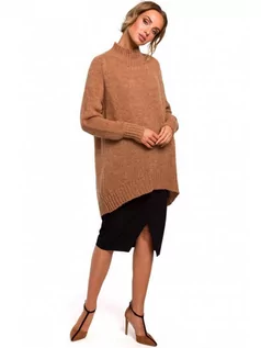 Swetry damskie - Asymetryczny sweter z półgolfem - kamelowy - Merg - grafika 1