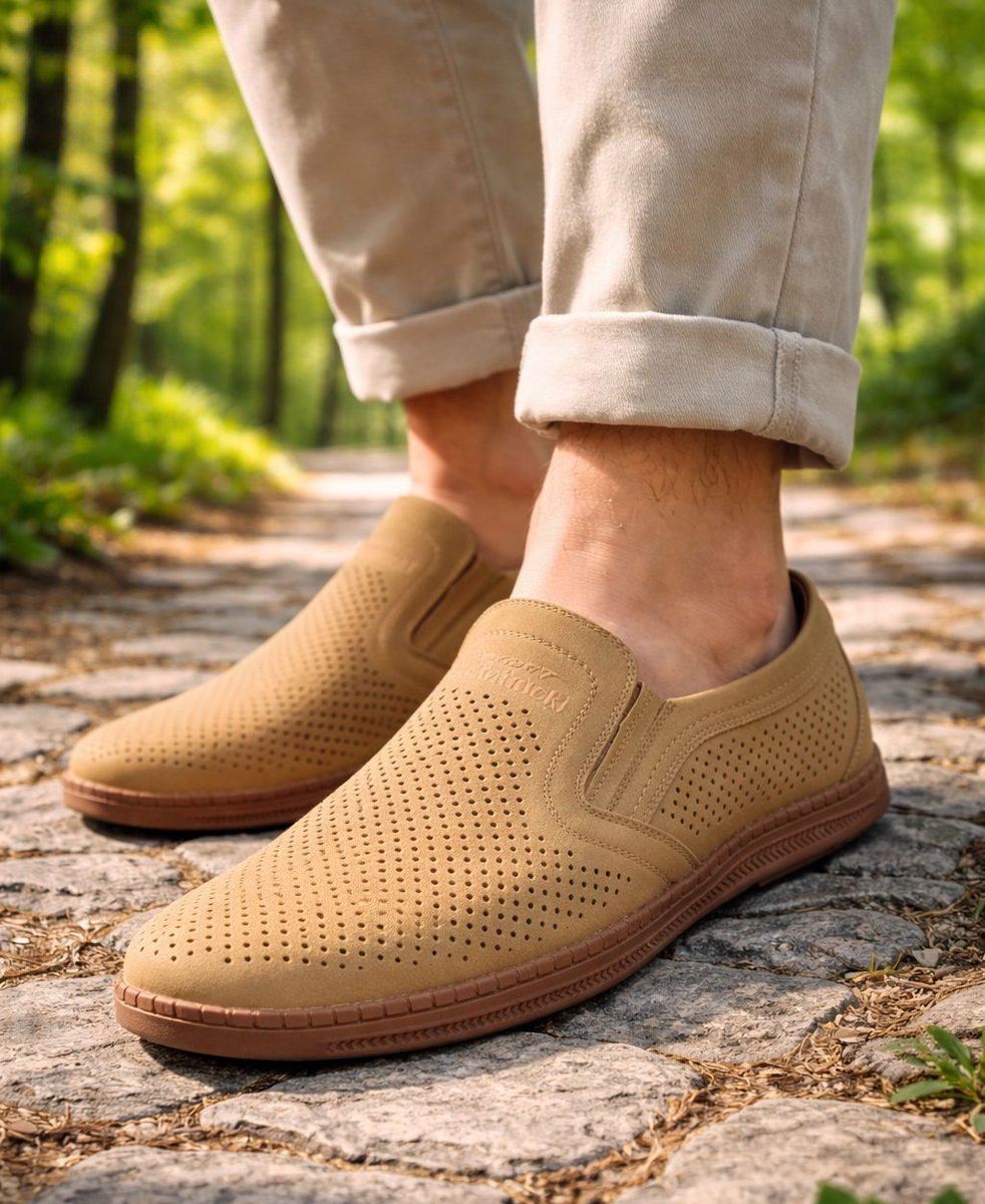 Mokasyny męskie ażurowe P-4-7043 beżowe półbuty rozmiar: 44
