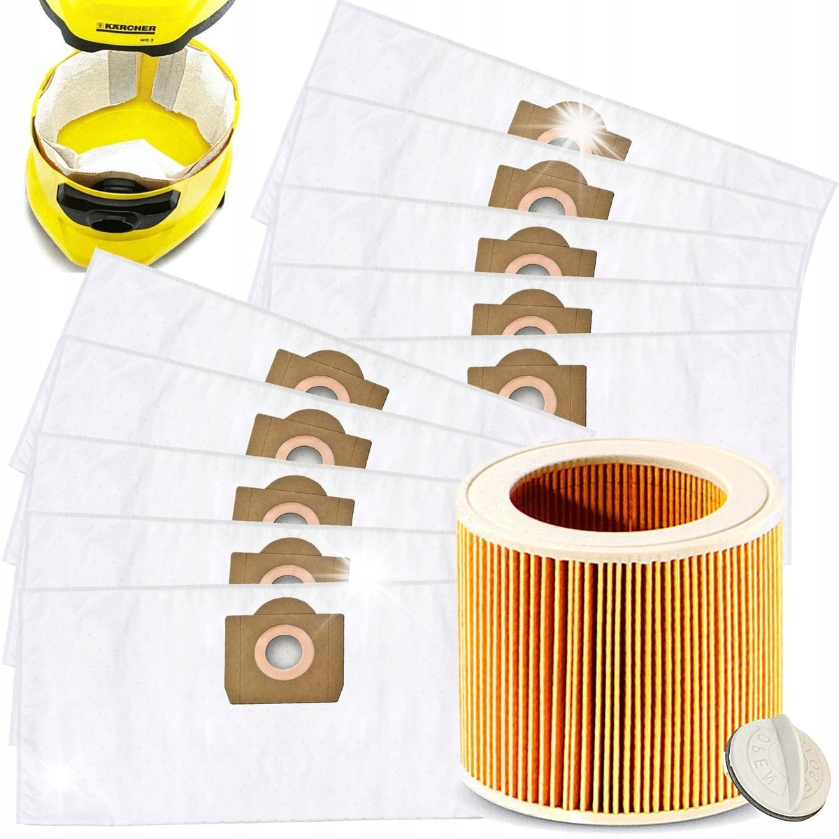 10x SYNTETYCZNE WORKI + FILTR PUREY DO ODKURZACZA KARCHER WD3 3.200 SE4002