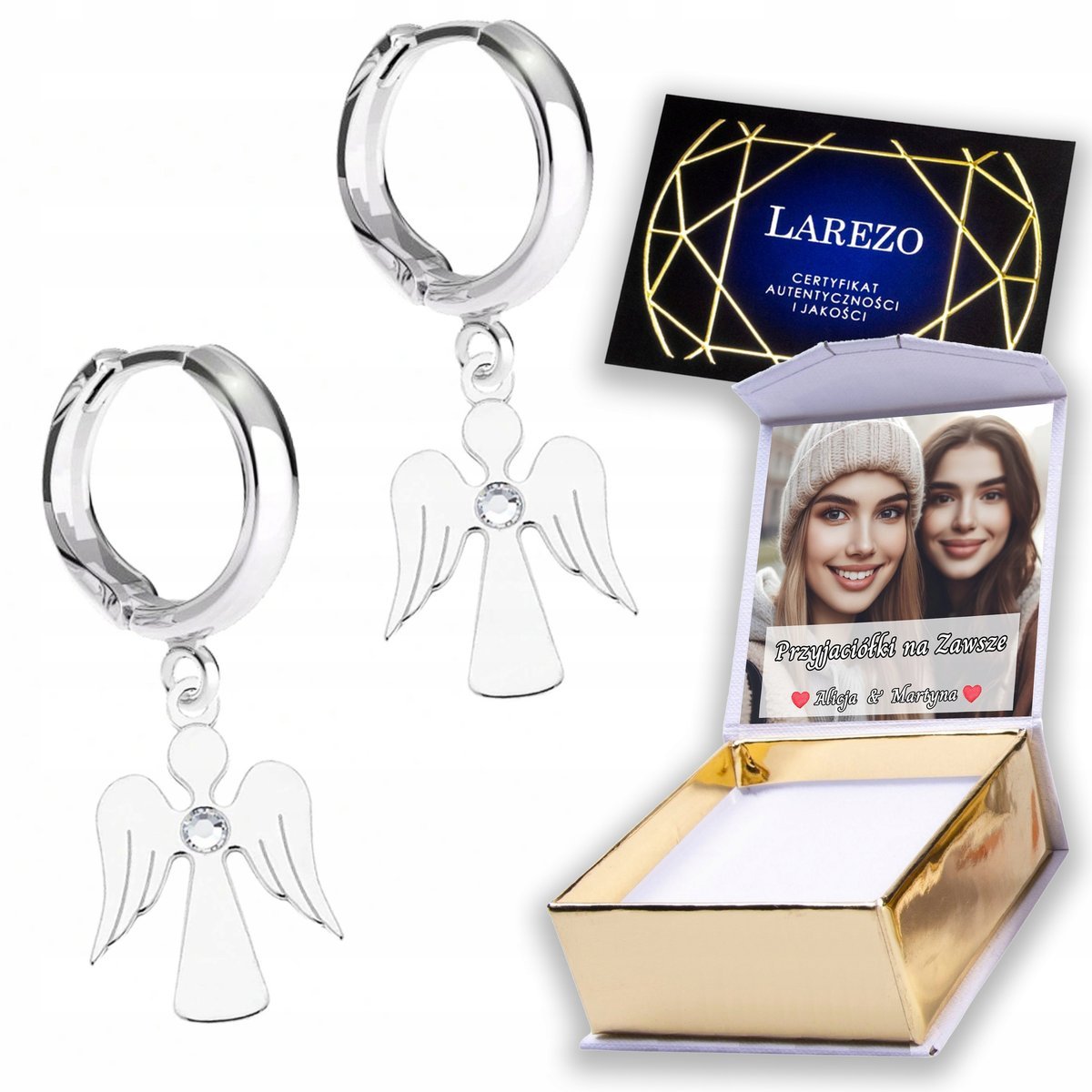 Kolczyki Srebrne 925 Aniołki Anioły Stróże z Cyrkonią Kryształy NADRUK