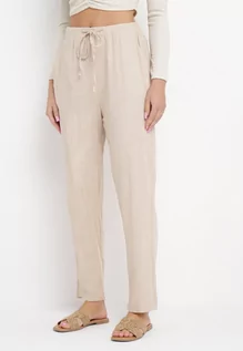 Spodnie damskie - Beżowe Bawełniane Spodnie z Gumką w Talii i Prostymi Nogawkami Olalla - grafika 1