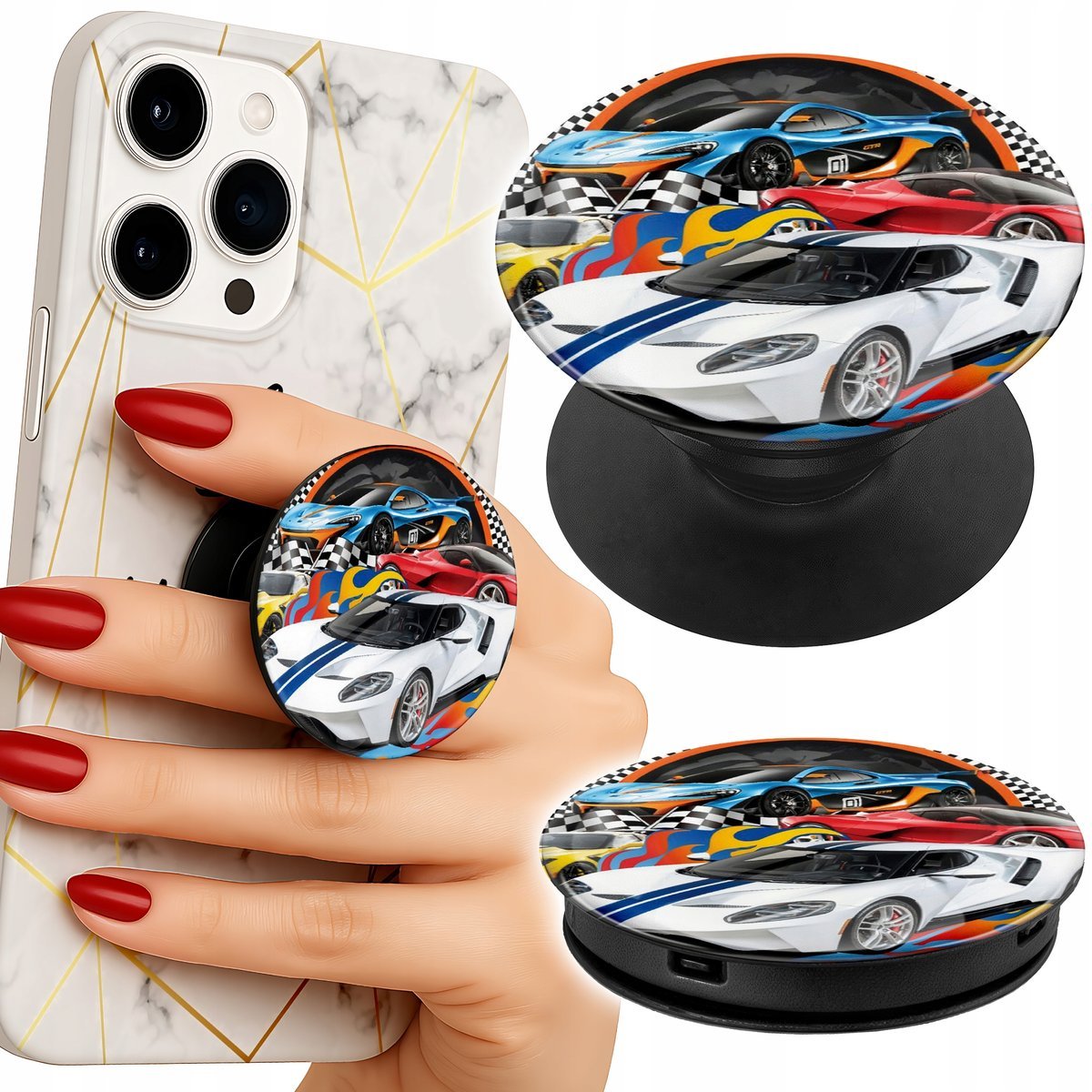 Uchwyt do telefonu Popsocket na palce/stojak SPORTOWE SAMOCHODY, WYŚCIGI