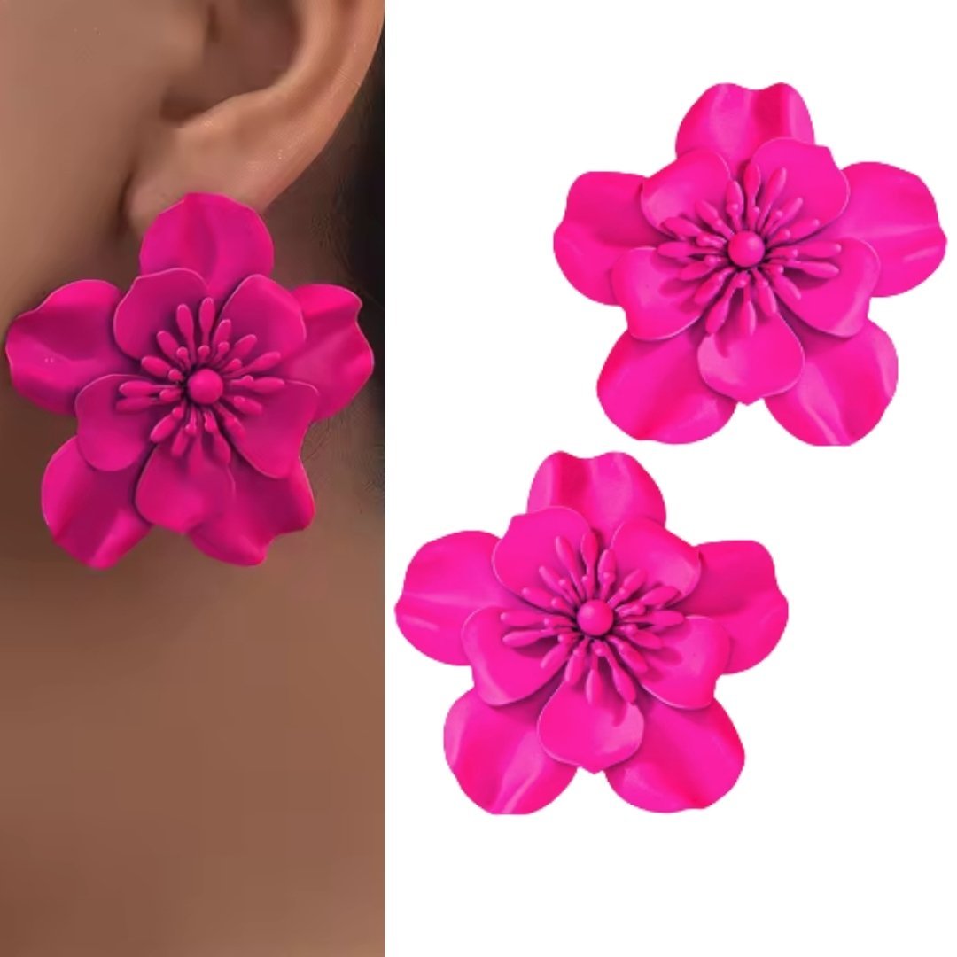 Kolczyki sztyfty fuksja kwiatowe kwiaty duże wakacyjne żywe kolory matowe