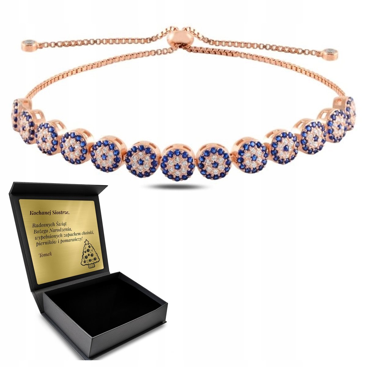 Bransoletka Srebrna Różowe Złoto Oko Proroka Z Cyrkoniami +Grawer