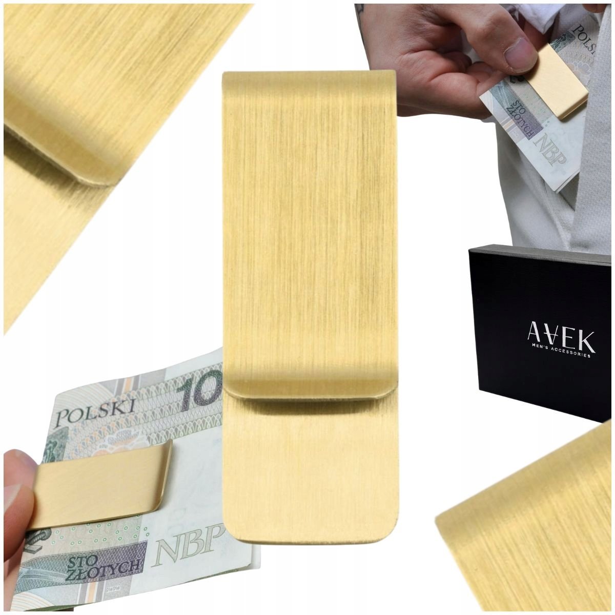 SPINKA KLIPS NA BANKNOTY PIENIĄDZE KARTY ZE STALI ZŁOTY PORTFEL ZACISK / AVEK